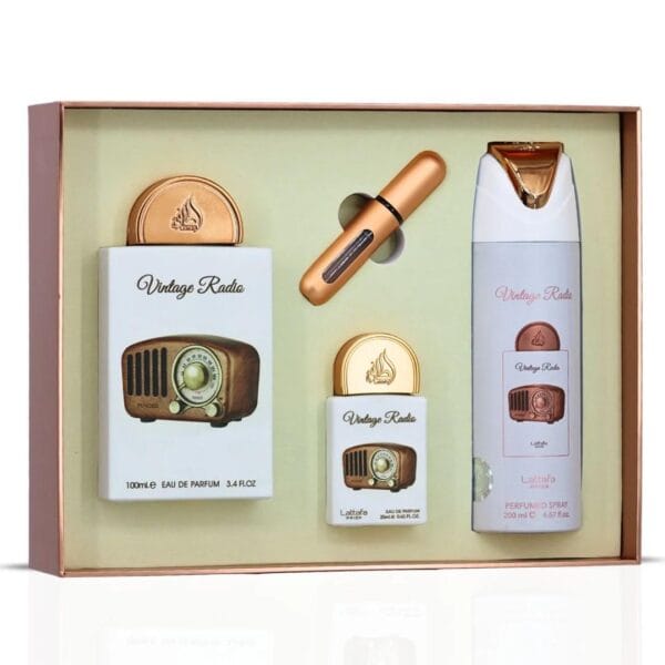 Lattafa Pride Vintage Radio Gift Set 3 Piezas – Eau de Parfum 100ml + Perfumed Spray 200ml + Mini EDP 20ml
